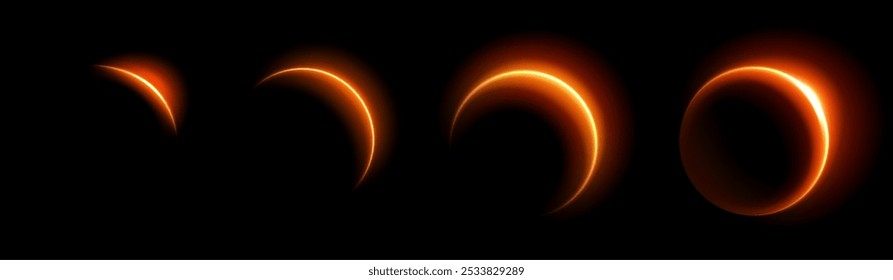 Solar eclipse phases with glowing neon orange rings against dark sky. Moon passing across sun creates luminous circular silhouettes. Celestial phenomenon sequence demonstrates gradual shadowing.