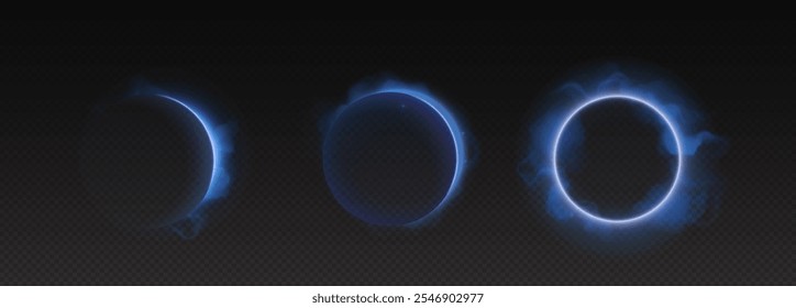 Solar eclipse phases with luminous blue circles and crescent on dark background. Celestial rings show partial and total stages with misty smoke effect. Realistic 3d cosmic phenomenon of eclipsed sun.