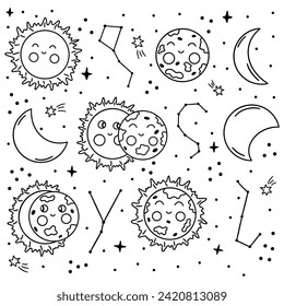 Solar eclipse. Phases of onset of solar eclipse. Night sky with stars and constellations. Black and white vector isolated illustration hand drawn doodle