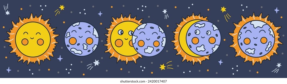 Solar eclipse. Phases of onset of solar eclipse. Starry sky. Colorful vector illustration hand drawn doodle. Blue background horizontal