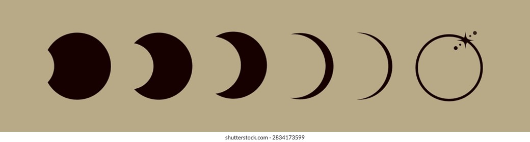 Solar eclipse phases. Rainbow eclipse with a circular aura. Light gray and brown background with various icons, glowing planets. Total solar or lunar eclipse in dark space. Starry glow sparkles.EPS 10