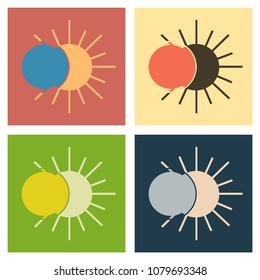 Solar eclipse or planetary collision. Solar eclipse in flat style with long shadow