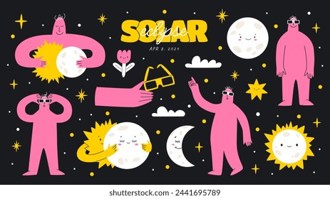 Colección de elementos juguetones de eclipse solar. Conjunto dibujado a mano de sol, luna, personas y estrellas. Ilustración abstracta del vector de la moda moderna. Paleta de colores rosa y amarillo. Todos los elementos aislados.