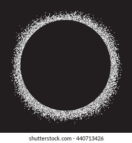 Solar eclipse. Round dotted halftone frame, grunge frame, grunge border, grunge background. Dusty grunge dotted ring, white dotted ring on black background, vector halftone background.