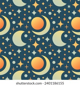 Solar Eclipse seamless pattern in flat cartoon style for kids education at school, stickers, scrapbooking, nursery room