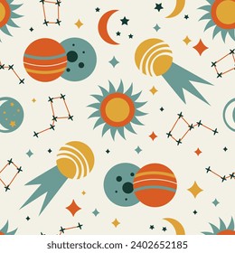 Solar Eclipse seamless pattern in flat cartoon style. Perfect for kids fabric, textile, nursery wallpaper. Vector illustration.