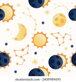 Solar eclipse seamless pattern in flat cartoon style