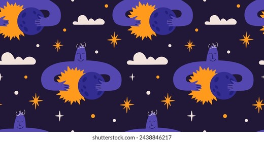 Solar eclipse seamless pattern with silhouette of human holding sun and moon. Modern cute vector illustration.