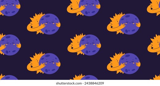 Solar eclipse seamless pattern with sun embracing the moon. Trendy flat vector illustration.
