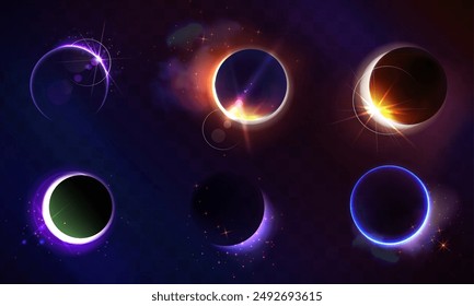 Conjunto de eclipse solar aislado sobre fondo transparente. Vector ilustración realista del borde del sol o de la luna detrás de la sombra del planeta, nubes de humo y partículas brillantes, fenómeno espacial misterioso