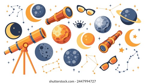 Solar eclipse set. Telescope, spyglass, planets, solar eclipse, moon, glasses. Cute illustration for kids education at school, stickers, scrapbooking, nursery room. Vector