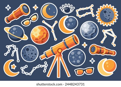 Solar eclipse set. Telescope, spyglass, planets, solar eclipse, moon, glasses. Cute illustration for kids education at school, stickers, scrapbooking, nursery room. Vector