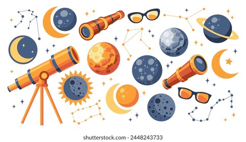 Solar eclipse set. Telescope, spyglass, planets, solar eclipse, moon, glasses. Cute illustration for kids education at school, stickers, scrapbooking, nursery room. Vector