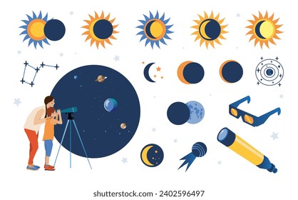 Solar Eclipse set. Vector flat style set of solar eclipse elements for infographic. Illustration in flat style for kids education at school, stickers, scrapbooking.