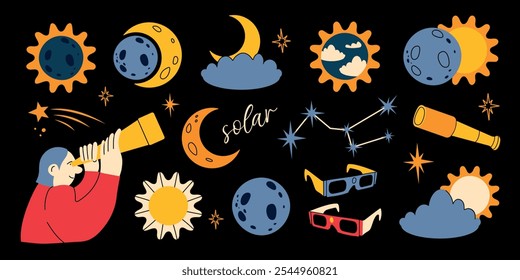 Conjunto de eclipse solar. Conjunto de estilo plano de Vector de Elementos de eclipse solar para infografía. Ilustración en estilo plano para la educación de los niños en la escuela, pegatinas, scrapbooking.