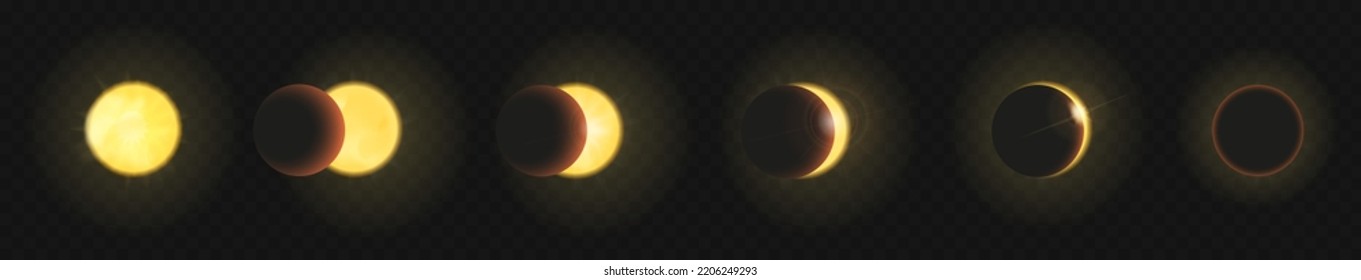 Solar eclipse set vector illustration. Different stages of partial and complete eclipse cycle of sun by moon, sequence process of movement of celestial planets in space, dark cosmos background