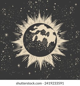 Eclipse solar, planeta brillante con rayos de luz contra un fondo negro de estrella cósmica. Tarjeta de astrología vintage, fenómeno astronómico, ilustración vectorial espacial, grabado.