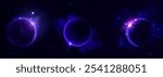 Solar eclipse shown through glowing purple rings on dark background. Celestial phenomenon depicts moon passing across sun creating luminous circular and crescent outlines. Realistic 3d vector set.