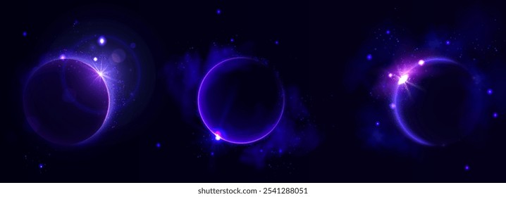 Solar eclipse shown through glowing purple rings on dark background. Celestial phenomenon depicts moon passing across sun creating luminous circular and crescent outlines. Realistic 3d vector set.