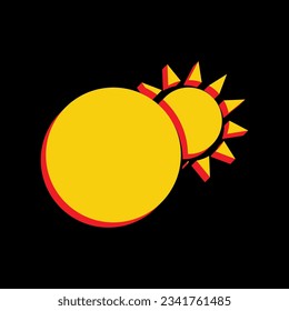 Solar eclipse sign. 3D Extruded Yellow Icon with Red Sides a Black background. Illustration.