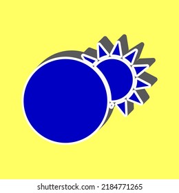 Signo de eclipse solar. Icono azul con trazo blanco en 3d en fondo amarillo. Ilustración.