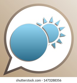 Solar eclipse sign. Bright cerulean icon in white speech balloon at pale taupe background. Illustration.