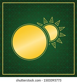 Solar eclipse sign. Golden icon with gold contour at dark green gridded white background. Illustration.