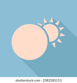 Solar eclipse sign. Unbleached silk Icon with very long shadow at dark sky blue background. Illustration.
