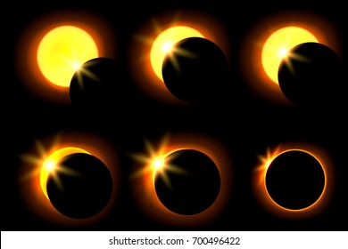 Solar eclipse in six different phases. Astronomical phenomenon of the closing of the shining sun by the moon. Vector illustration.