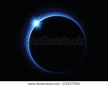 Solar eclipse with sparkling light effect. Sunrise horizon. Round sparkling aura. Vector