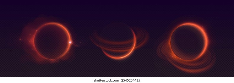 Solar eclipse stages with glowing red ring on dark backdrop. Fiery circles show total, partial and annular phases. Swirling dust particles ethereal cosmic atmosphere. Realistic 3d astronomy phenomenon