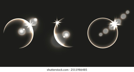 Palcos de Eclipse Solar com elemento de destaque na moda fundo preto isolado. Coleção de estrelas claras e círculos de crescente. Ilustração de vetor de brilho para design de movimento. EPS 10