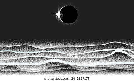 Solar eclipse .Star and moon in space. Futuristic landscape, with noise texture . Night landscape .Vector illustration