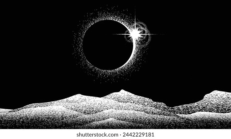 Eclipse solar. Estrella y luna en el espacio. Paisaje futurista, con textura ruidosa . Paisaje nocturno. Ilustración vectorial