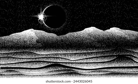 Solar eclipse .Star and moon in space. Futuristic landscape, with noise texture . Night landscape .Vector illustration