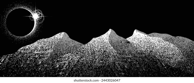 Solar eclipse .Star and moon in space. Futuristic landscape, with noise texture . Night landscape .Vector illustration