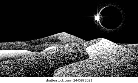 Solar eclipse .Star and moon in space. Futuristic landscape, with noise texture . Night landscape .Vector illustration