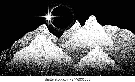 Solar eclipse .Star and moon in space. Futuristic landscape, with noise texture . Night landscape .Vector illustration