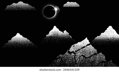 Solar eclipse .Star and moon in space. Futuristic landscape, with noise texture . Night landscape .Vector illustration
