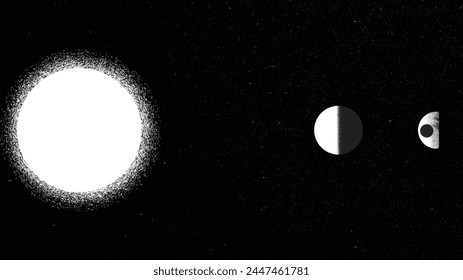 Solar eclipse .Star and moon in space. Futuristic landscape, with noise texture . Night landscape .Vector illustration