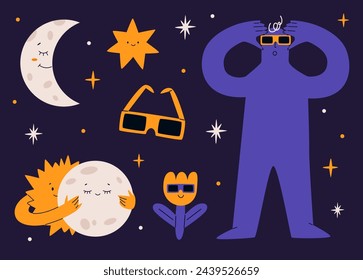 Solar eclipse sticker set. Funny sun, moon, human in glasses, star and flower in playful flat style. Vector illustration.