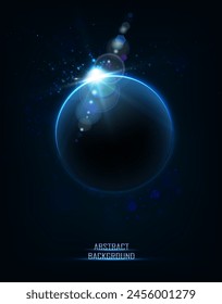 Solar eclipse with sun beams on dark background with space dust and sun beams. Vector illustation.