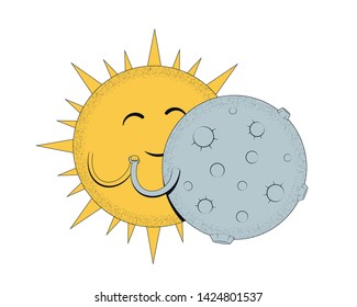 Solar eclipse. Sun and Moon dance. Funny cartoon character. Vector illustration