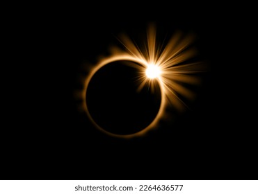 Solar eclipse, sun or moon eclipse light glow on black background, vector space planet. Total solar eclipse or lunar circle ring with light shine rays flare in dark space