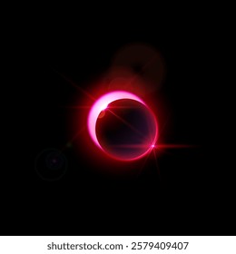 Solar eclipse with sunlight, halo flare and rays vector illustration. Red glowing space star with round dark silhouette and sparkles. Realistic planet eclipse in universe. Astronomy design element