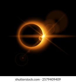 Solar eclipse with sunlight, halo flare and rays. Golden glowing space star with round dark silhouette and sparkles. Realistic shiny planet eclipse in universe. Astronomy vector design element