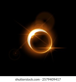 Solar eclipse with sunlight, halo flare and rays vector illustration. Realistic golden glowing space planet eclipse in dark universe with round dark silhouette and sparkles. Astronomy design element