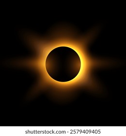 Solar eclipse with sunlight and rays. Golden glowing space star with round dark silhouette. Realistic full planet eclipse in dark universe. Astronomy vector design element on black background