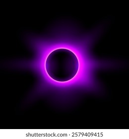 Solar eclipse with sunlight and rays. Realistic full planet eclipse in dark universe. Purple glowing space planet with round dark silhouette. Astronomy vector design element on black background