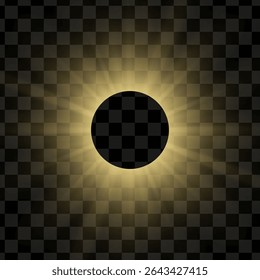 Modelo de eclipse solar. Luz solar brilhante do vetor com buraco negro. Borda ou quadro de raios de luz